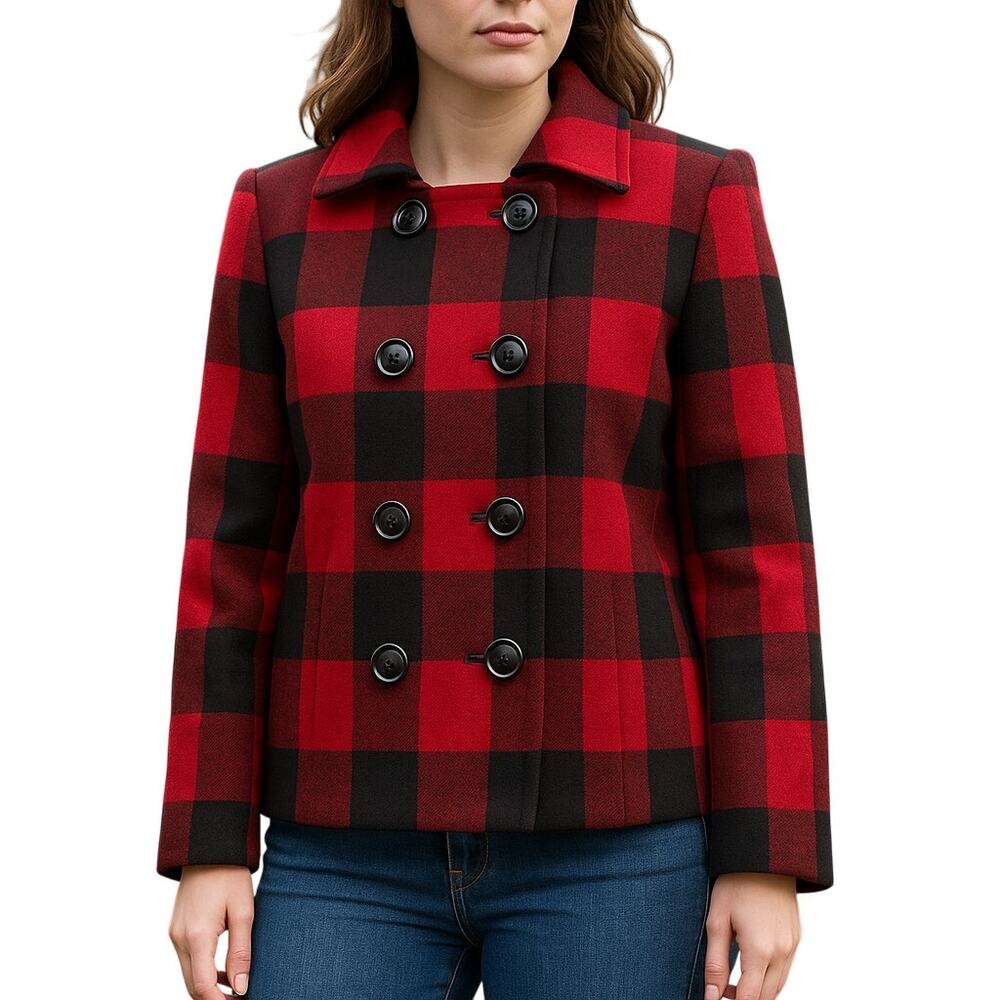 Charter Club Women's Large Jacket Red Black Plaid Wool Blend Shoulder Pads